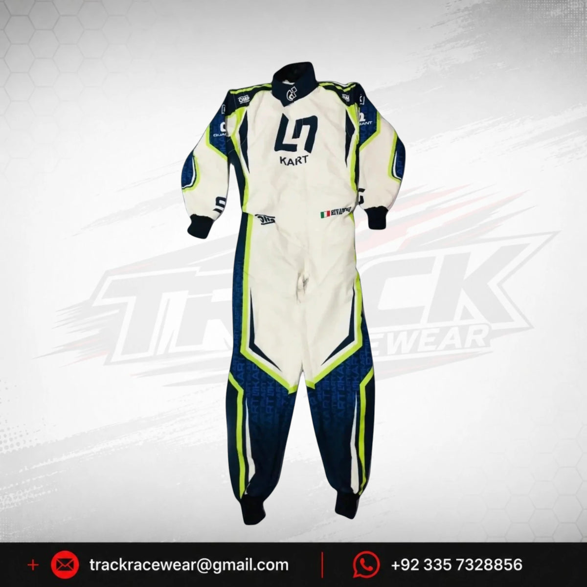 2022 LN Kart OMP Racing Suit – White, Navy Blue & Neon Yellow