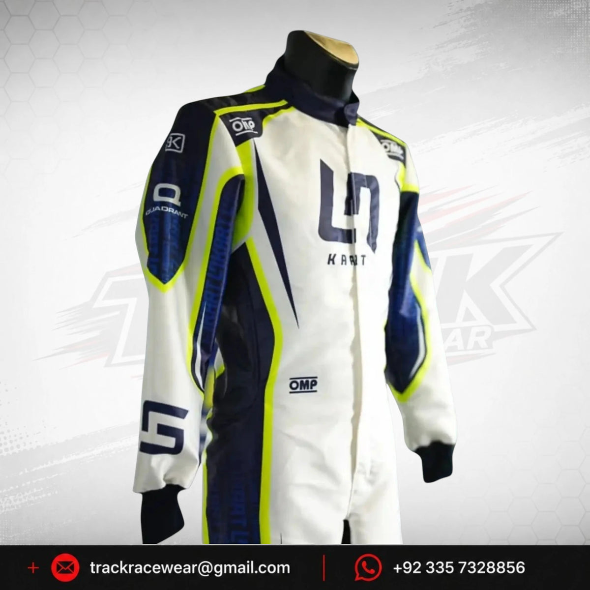 2022 LN Kart OMP Racing Suit – White, Navy Blue & Neon Yellow