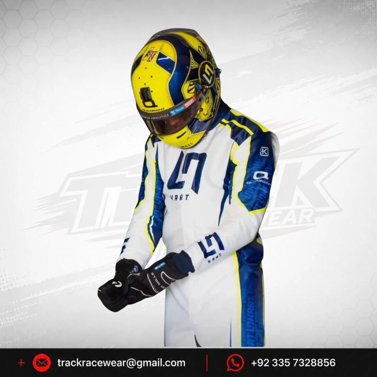 2022 LN Kart OMP Racing Suit – White, Navy Blue & Neon Yellow