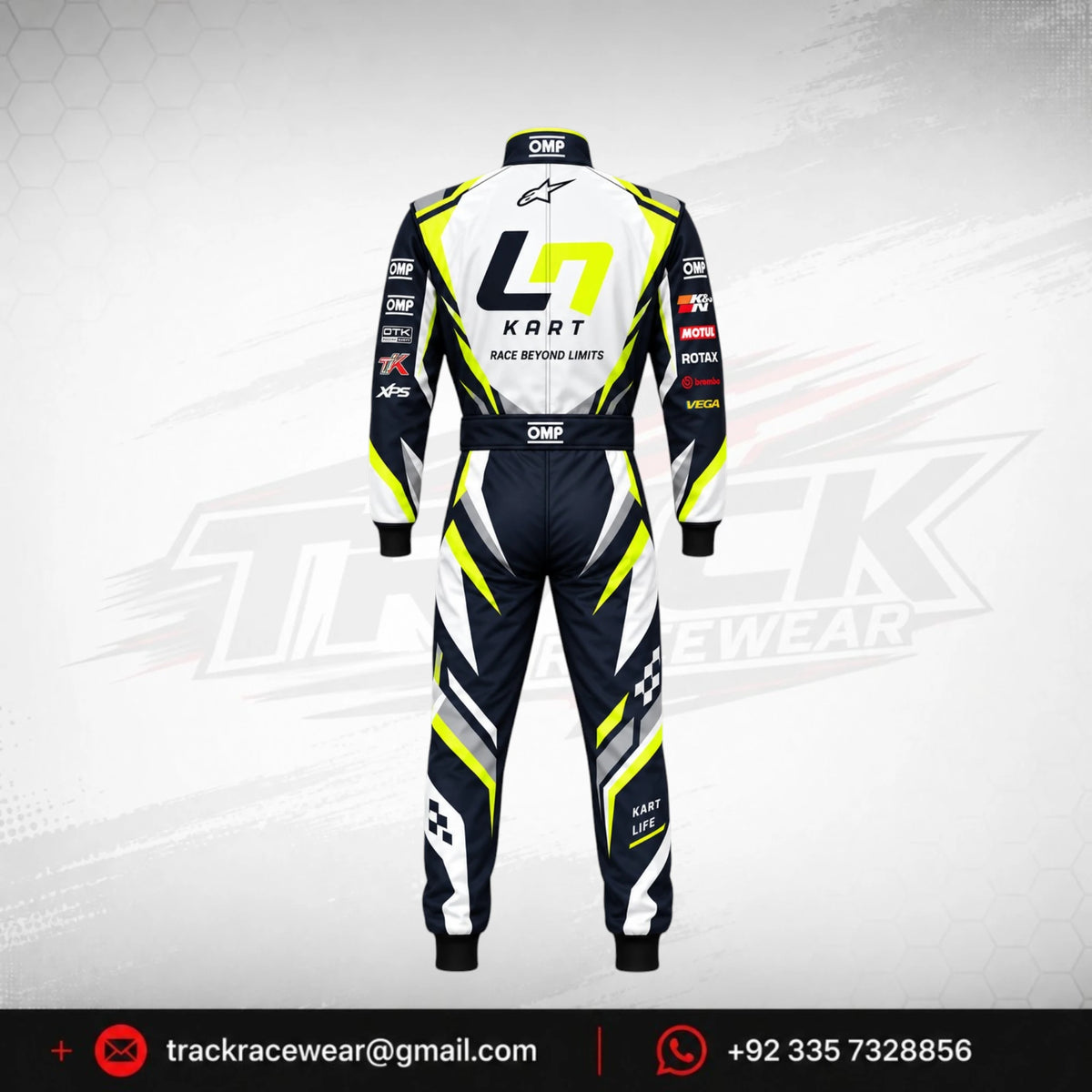 2026 LN Kart White & Navy Racing Suit – Neon Yellow Karting Design