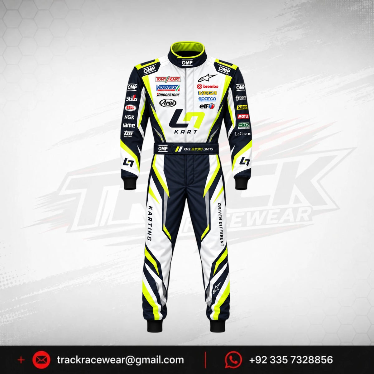 2026 LN Kart White & Navy Racing Suit – Neon Yellow Karting Design