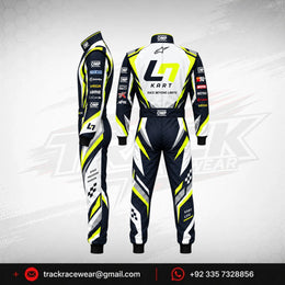 2026 LN Kart White & Navy Racing Suit – Neon Yellow Karting Design