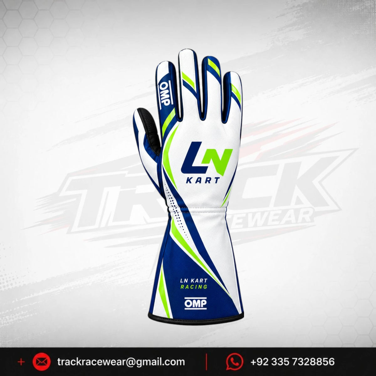 2026 LN Kart Racing Gloves – White, Navy Blue & Neon Green