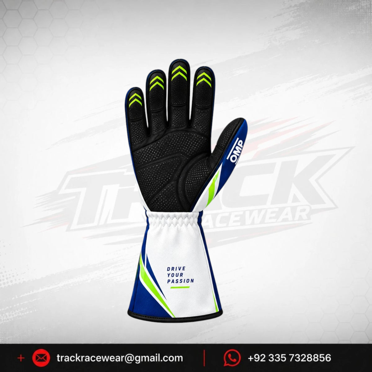 2026 LN Kart Racing Gloves – White, Navy Blue & Neon Green