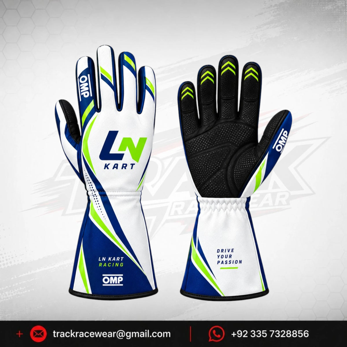 2026 LN Kart Racing Gloves – White, Navy Blue & Neon Green