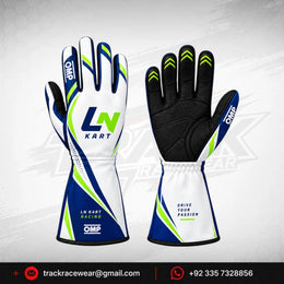 2026 LN Kart Racing Gloves – White, Navy Blue & Neon Green