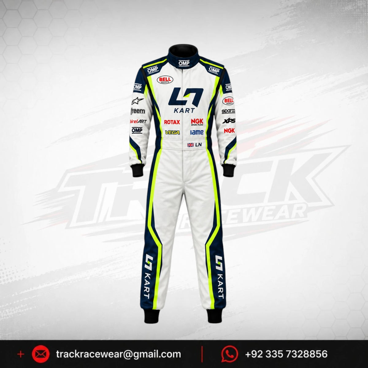 2026 LN Kart Racing Suit – White, Navy Blue & Neon Yellow