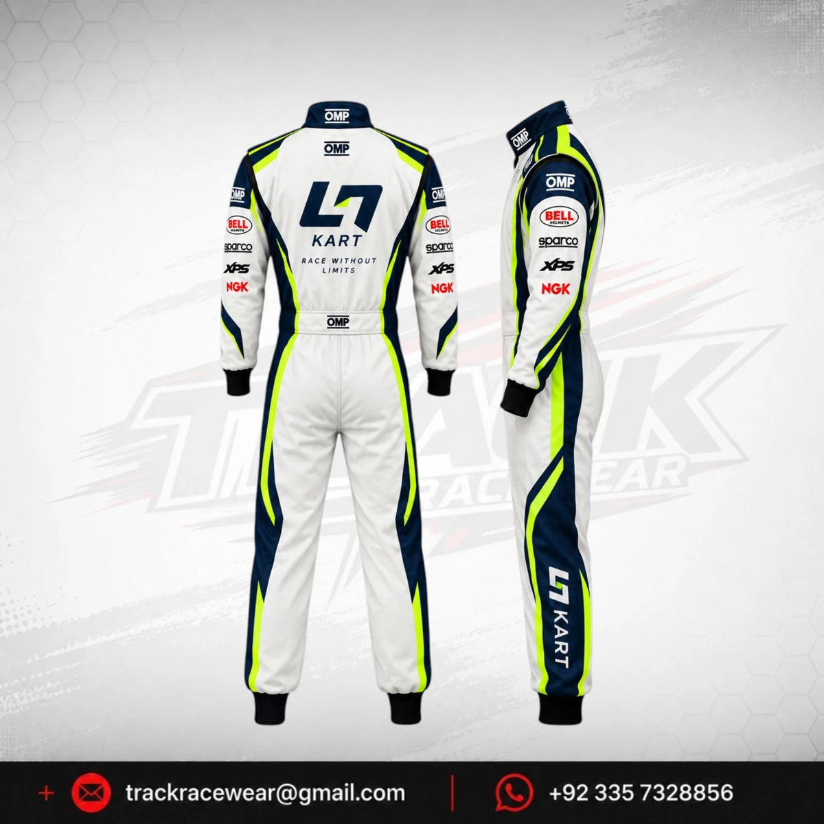 2026 LN Kart Racing Suit – White, Navy Blue & Neon Yellow
