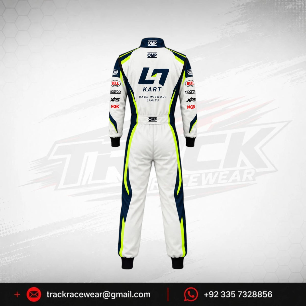 2026 LN Kart Racing Suit – White, Navy Blue & Neon Yellow