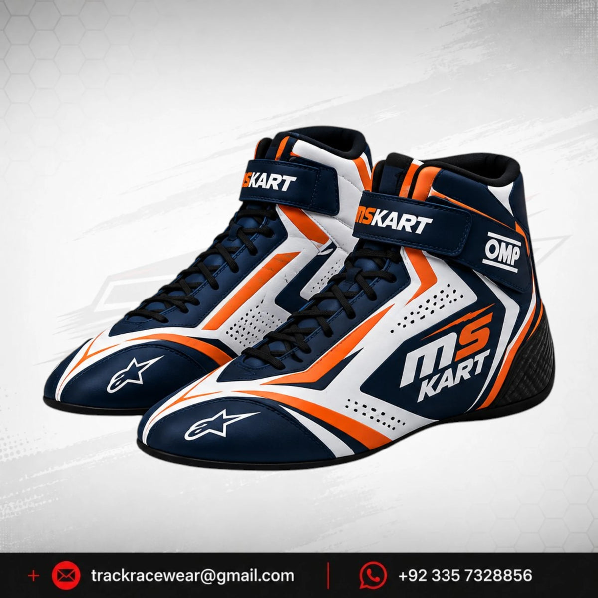 MS KART High-Performance Racing Shoes – Navy, Orange & White Karting Boots