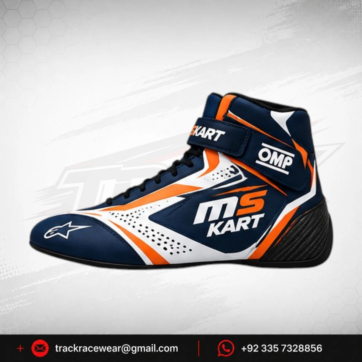MS KART High-Performance Racing Shoes – Navy, Orange & White Karting Boots