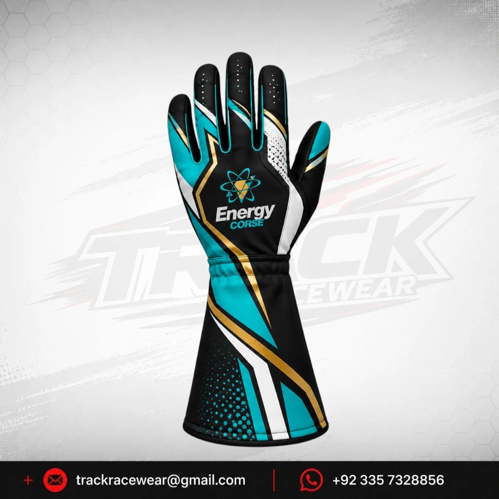 Energy Corse Karting Gloves – Black Turquoise & Gold