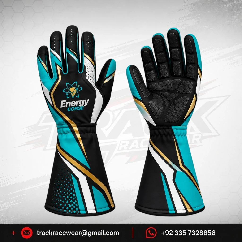 Energy Corse Karting Gloves – Black Turquoise & Gold