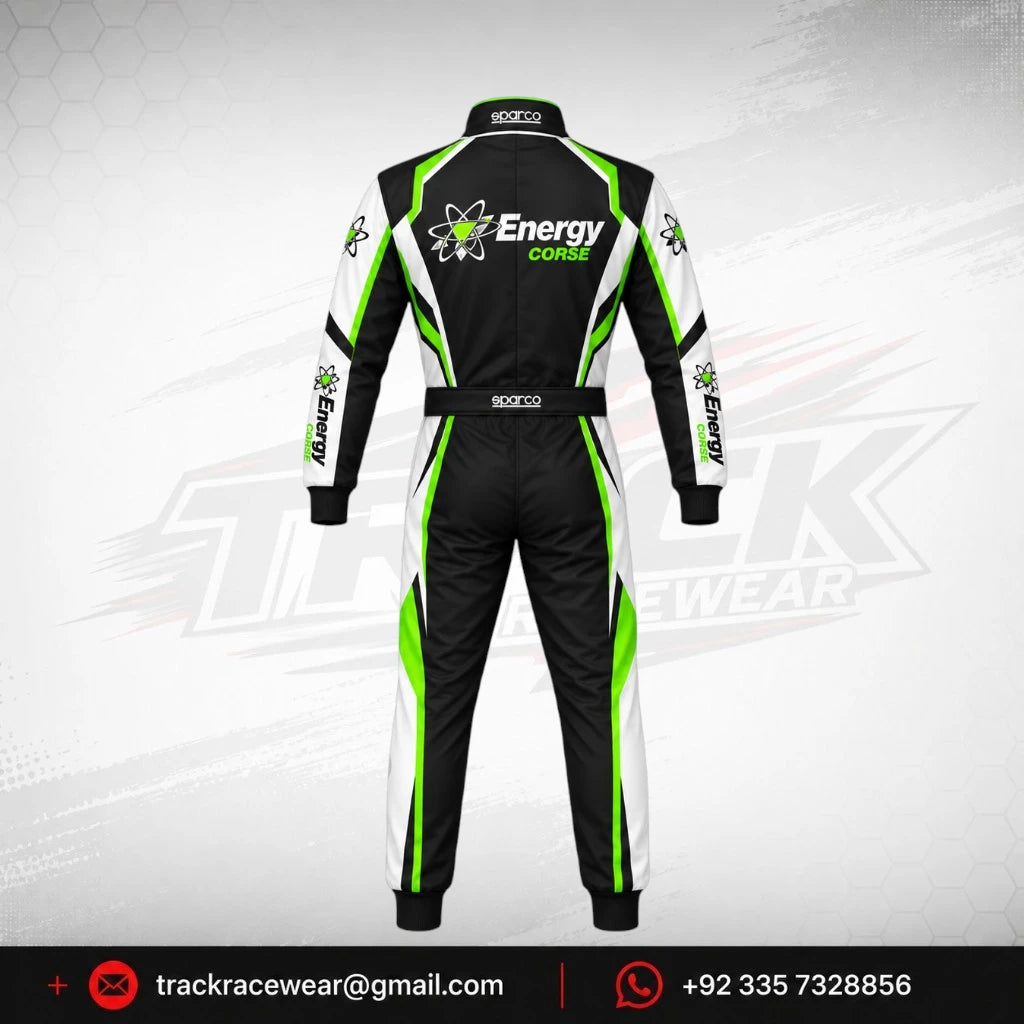 Energy Corse Karting Suit – Black Green & White Racing