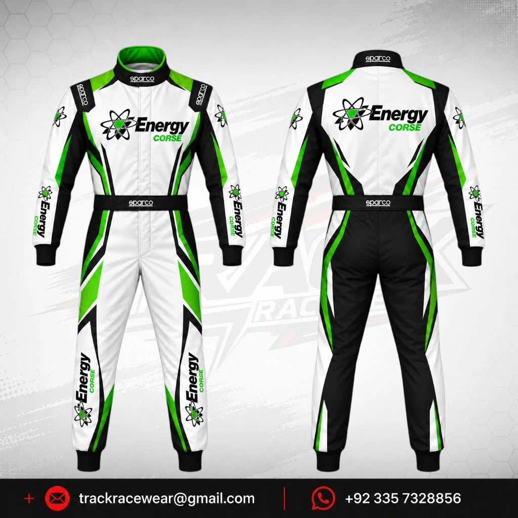 Energy Corse Karting Racing Suit – White Black & Green