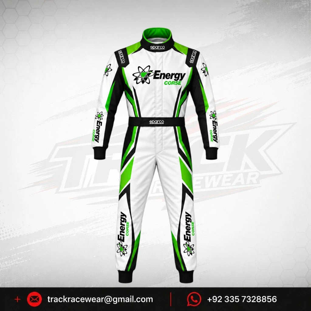 Energy Corse Karting Racing Suit – White Black & Green