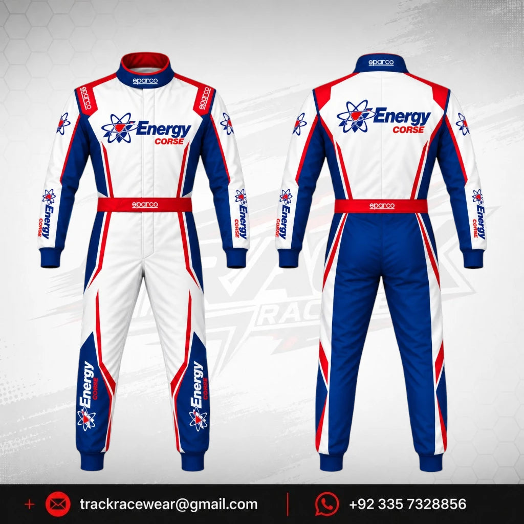 Energy Corse Karting Suit – White Blue Red Racing Design