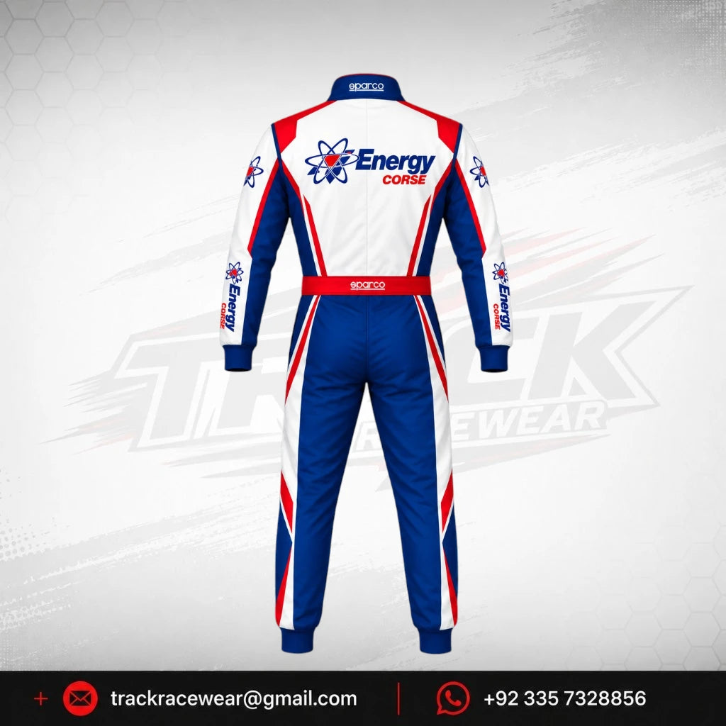 Energy Corse Karting Suit – White Blue Red Racing Design