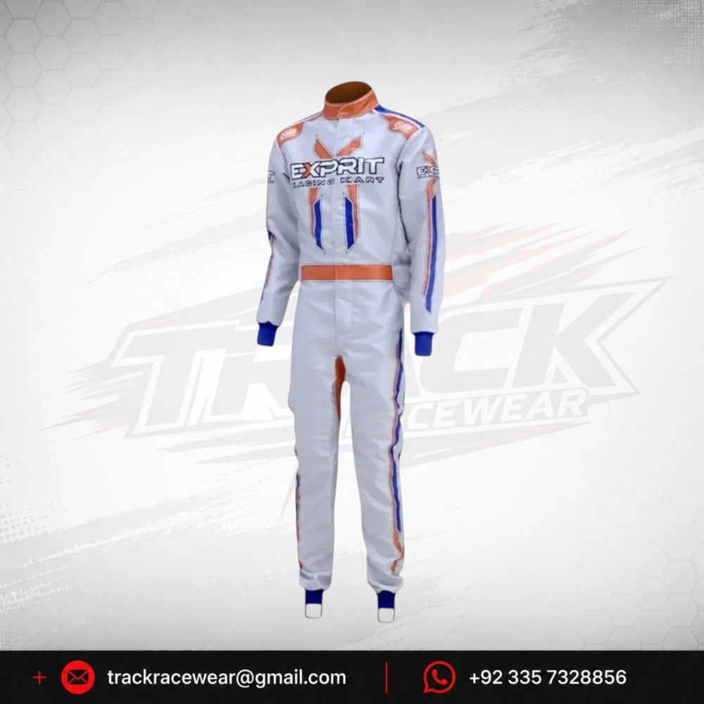 Exprit White Kart Suit with Blue & Orange Accents