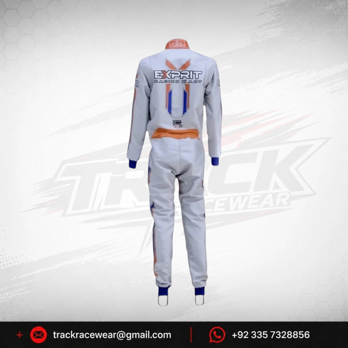 Exprit White Kart Suit with Blue & Orange Accents