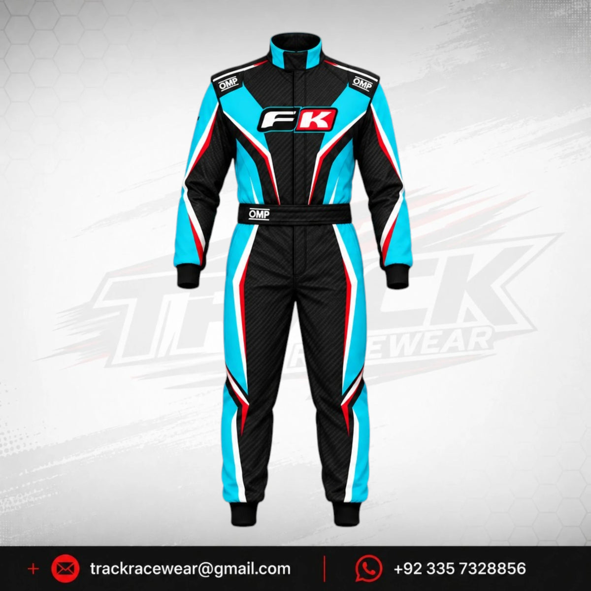 FK Cyan & Black Kart Racing Suit – OMP Style Custom Motorsport Racewear