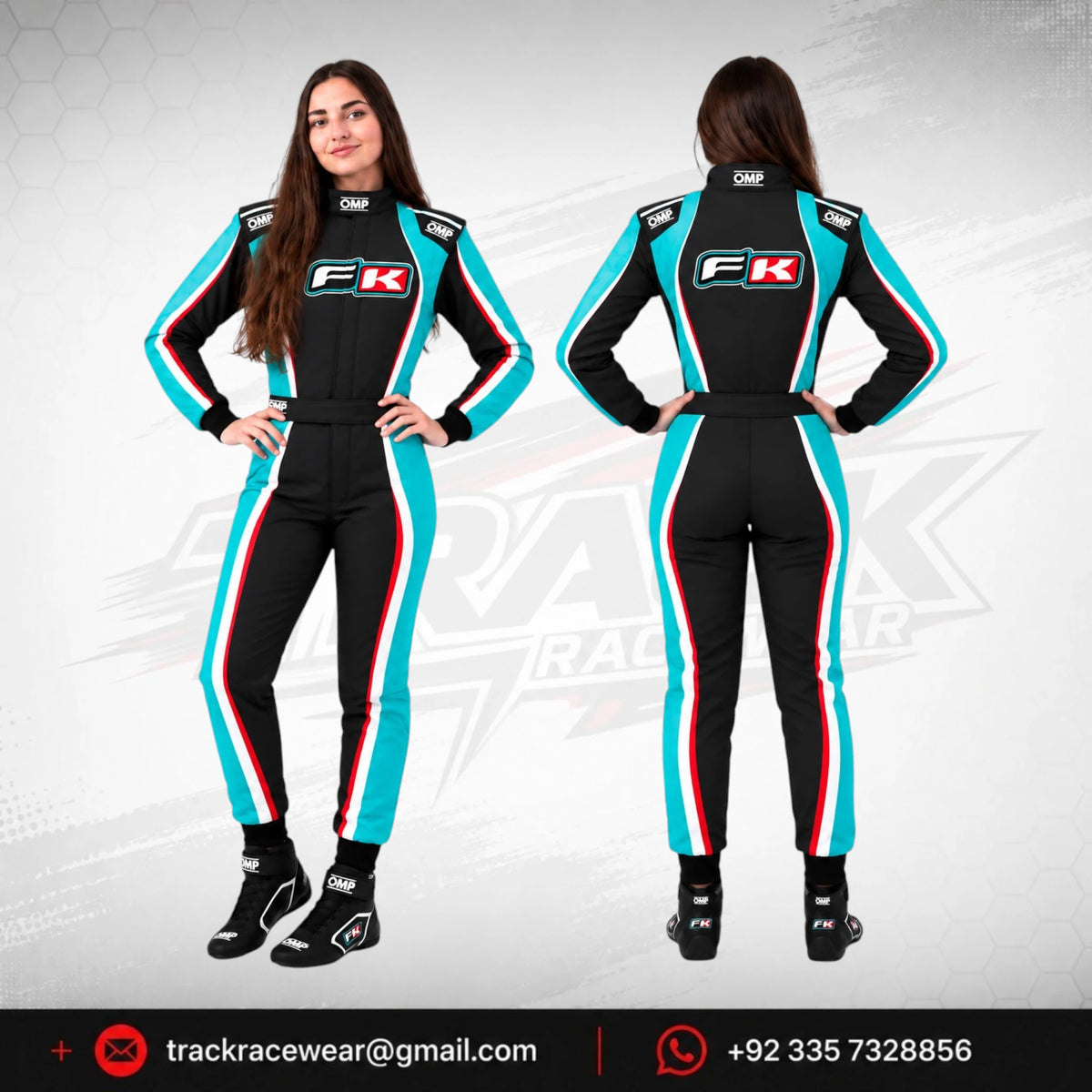 Women’s FK Black & Cyan Kart Racing Suit – Custom OMP Style Motorsport Racewear
