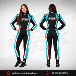 Women’s FK Black & Cyan Kart Racing Suit – Custom OMP Style Motorsport Racewear
