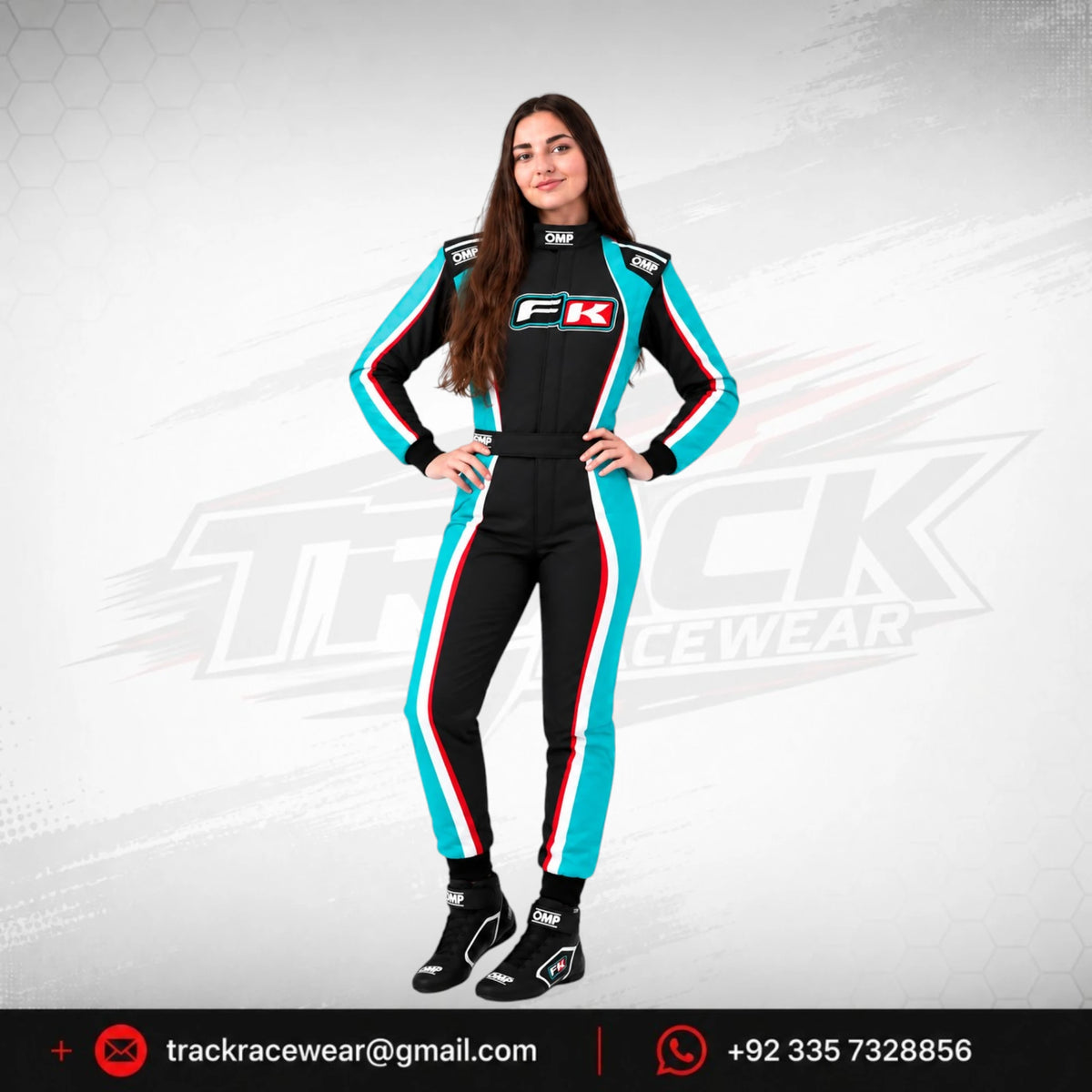 Women’s FK Black & Cyan Kart Racing Suit – Custom OMP Style Motorsport Racewear