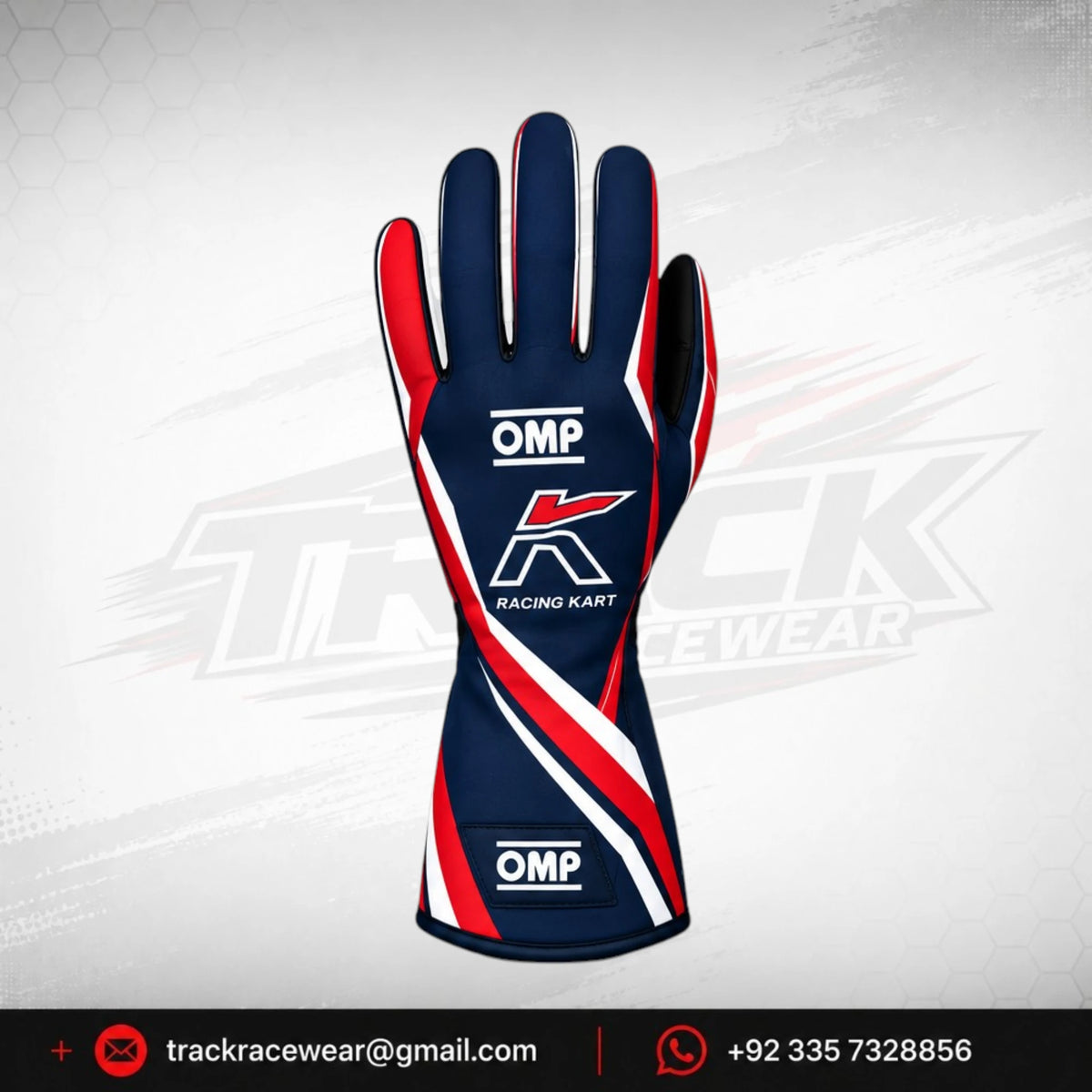 Kosmic OMP Kart Racing Gloves – Navy Blue, Red & White Motorsport Gloves