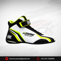Kosmic Kart Racing Shoes – White, Black & Neon Yellow High-Top Motorsport Footwear
