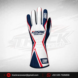 Kosmic OMP Karting Gloves – White & Navy Racing Gloves with Red Accents