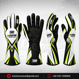 Kosmic Kart Racing Gloves – White, Black & Neon Yellow Motorsport Driving Gloves