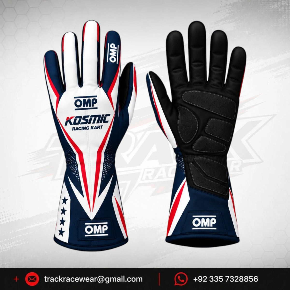 Kosmic Kart Racing Gloves – White, Navy & Red Motorsport Gloves with Reinforced Palm