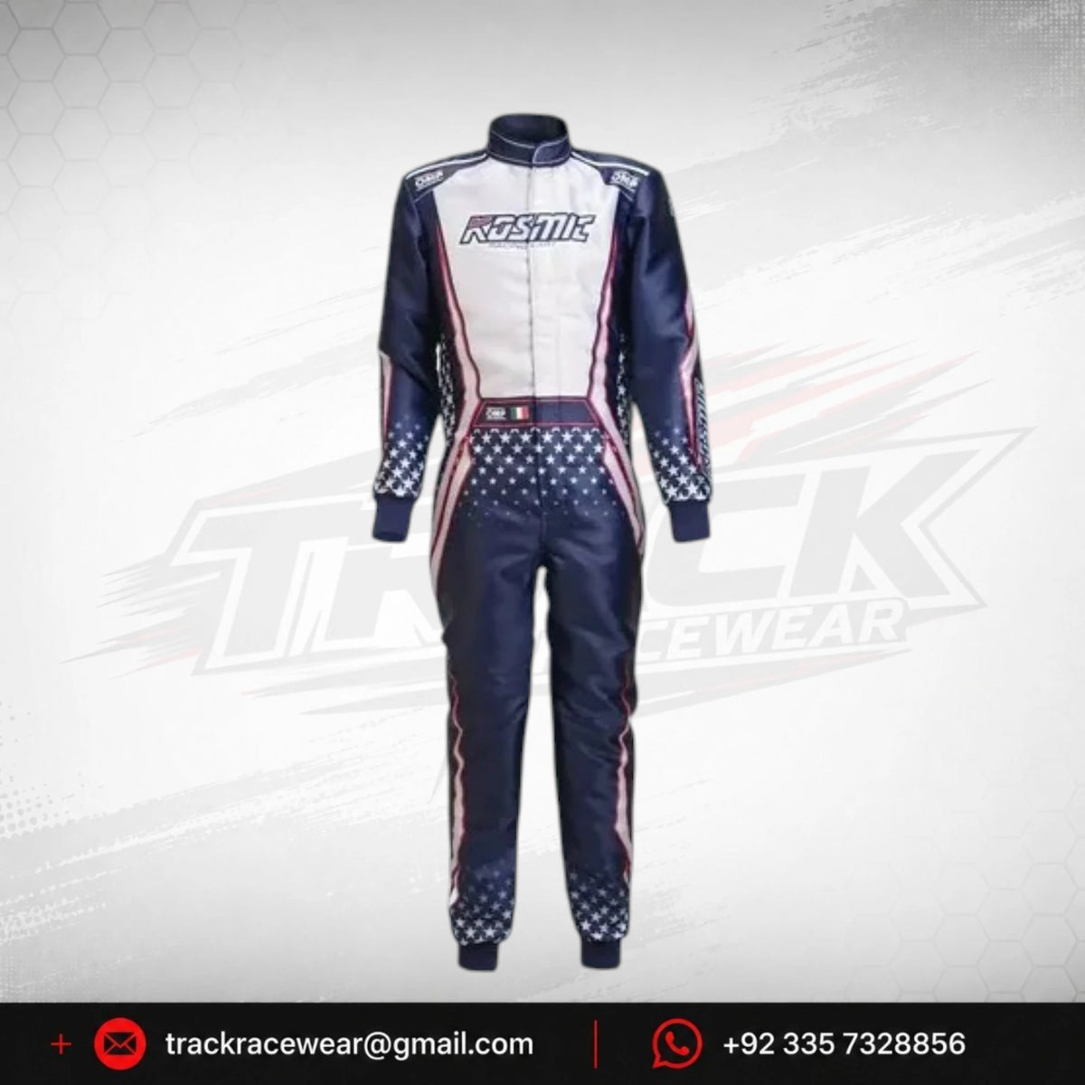 Kosmic Kart Racing Suit – Navy & White Star Pattern OMP Motorsport Driver Suit