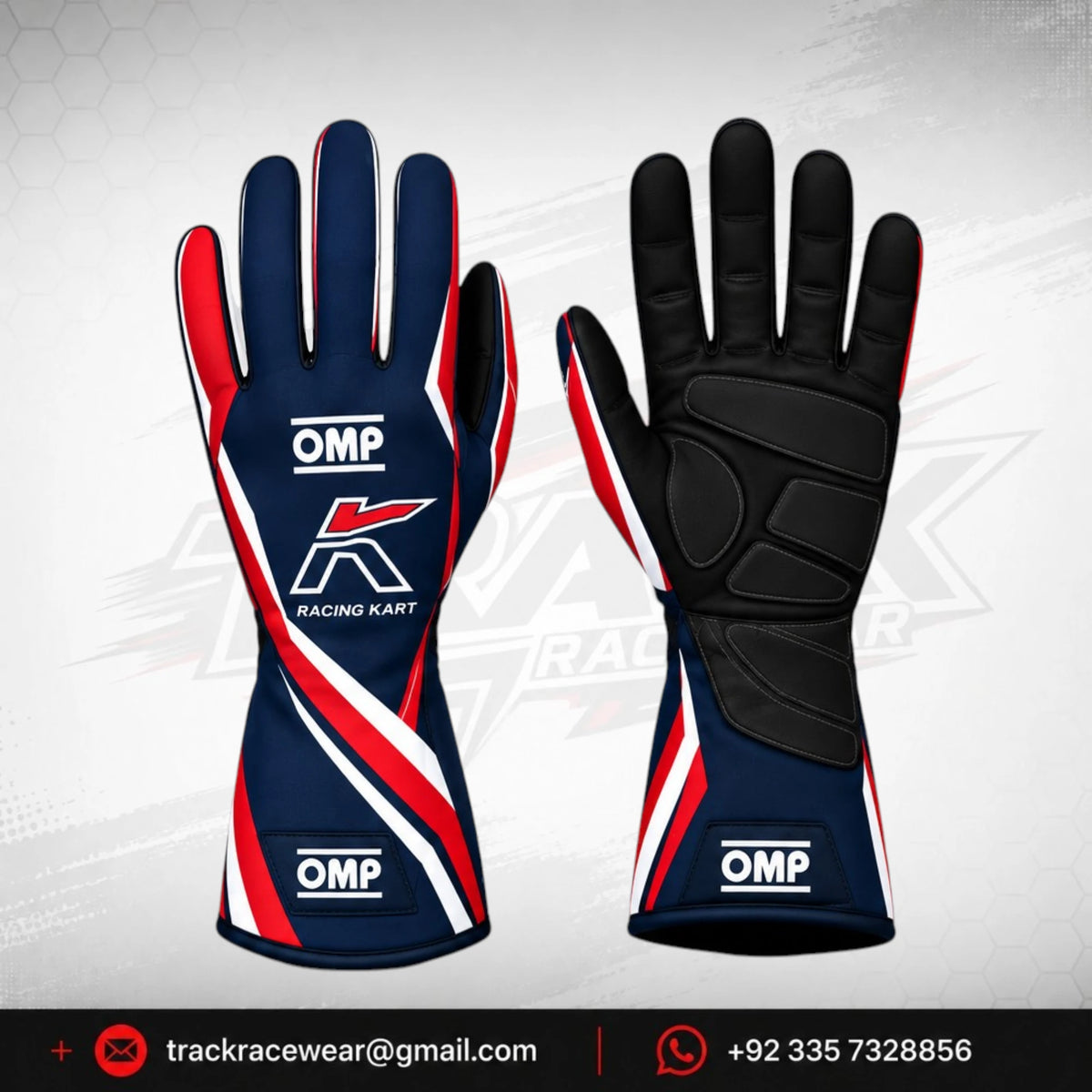 Kosmic OMP Kart Racing Gloves – Navy Blue, Red & White Motorsport Gloves