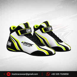 Kosmic Kart Racing Shoes – White, Black & Neon Yellow High-Top Motorsport Footwear