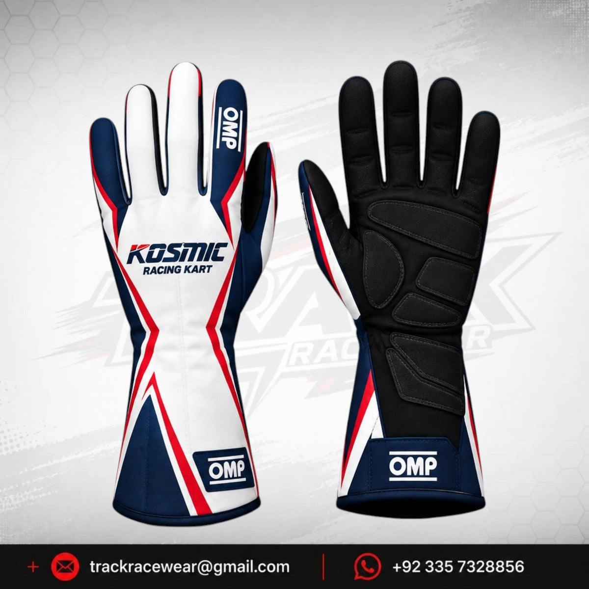 Kosmic Kart Racing Gloves – White Navy & Red OMP Grip Gloves