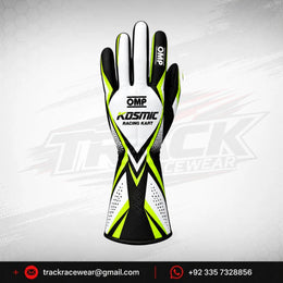 Kosmic Kart Racing Gloves – White, Black & Neon Yellow Motorsport Driving Gloves