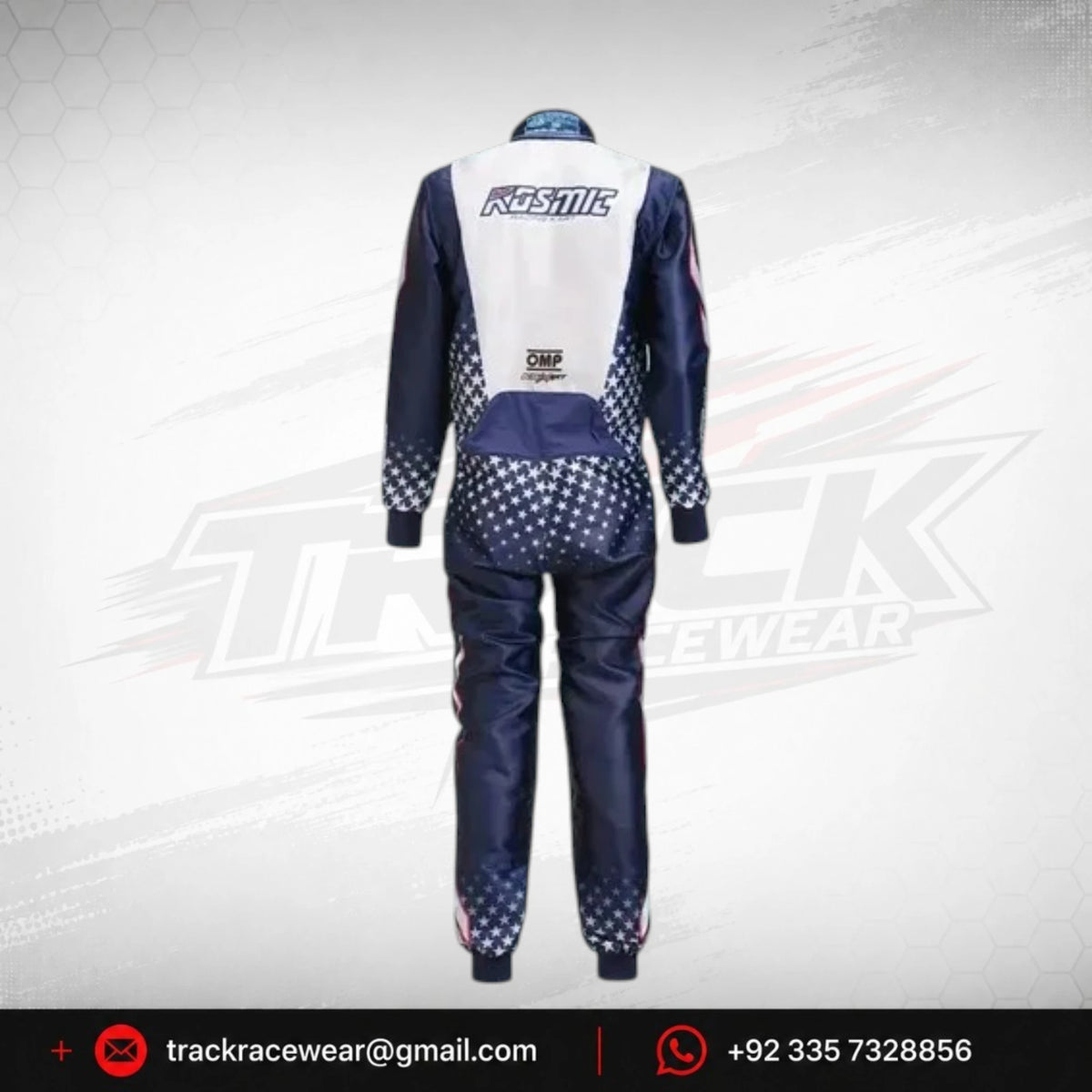 Kosmic Kart Racing Suit – Navy & White Star Pattern OMP Motorsport Driver Suit