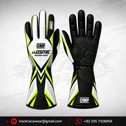 Kosmic Kart Racing Gloves – White, Black & Neon Yellow Motorsport Driving Gloves