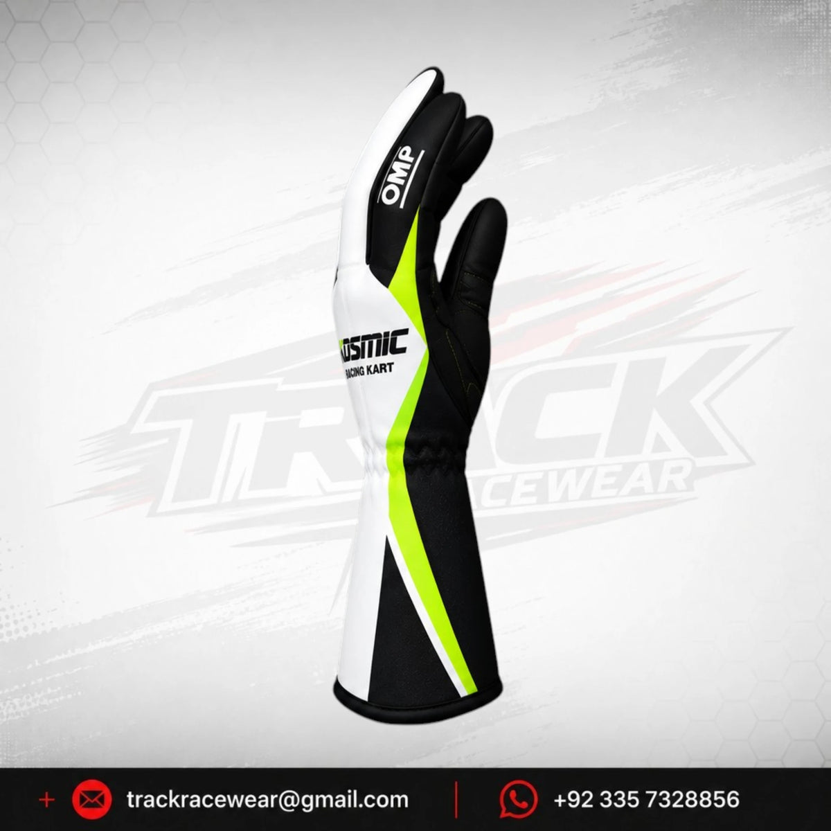 Kosmic Kart Racing Glove – White, Black & Neon Yellow Motorsport Driving Glove