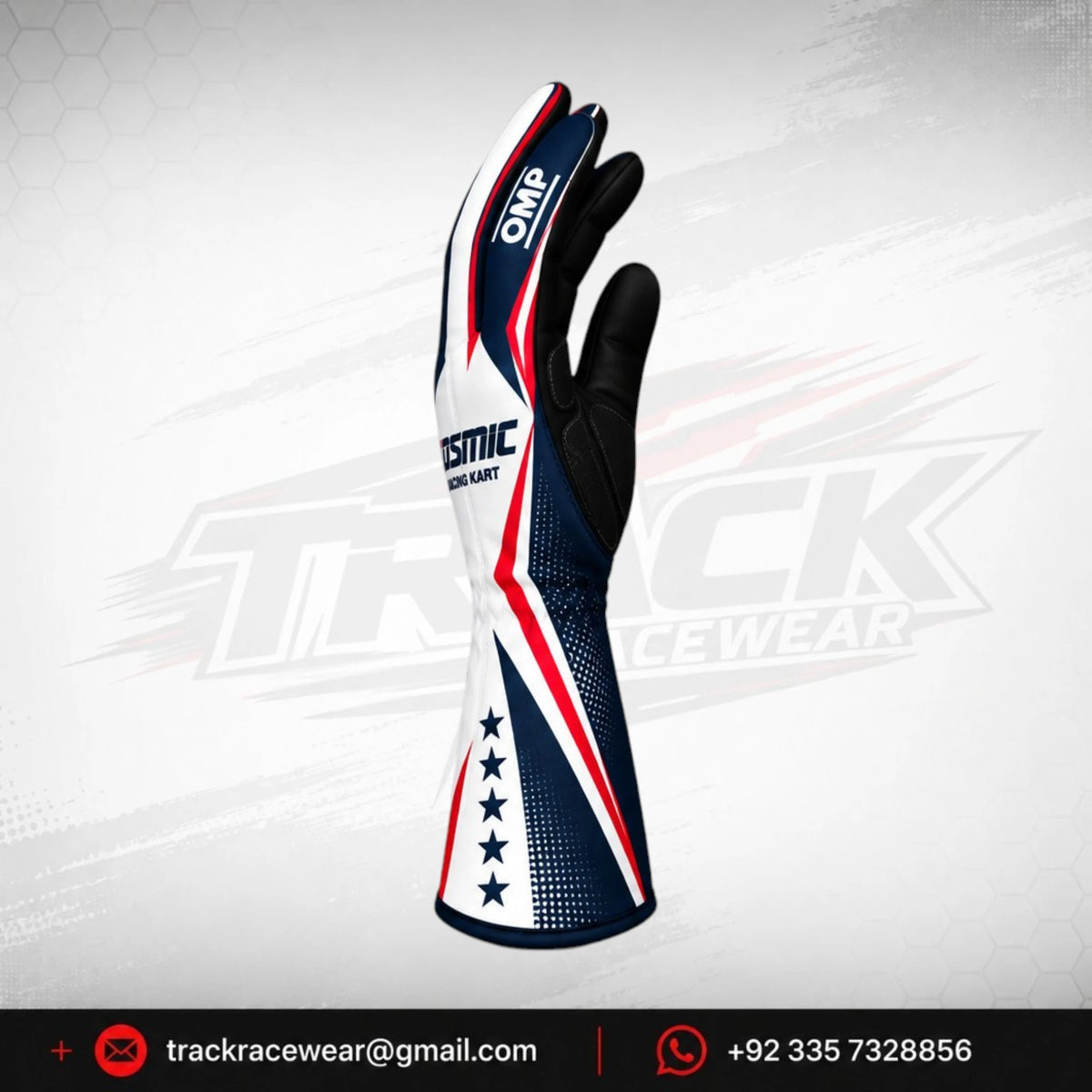 Kosmic Kart Racing Gloves – White, Navy & Red Motorsport Gloves with Reinforced Palm