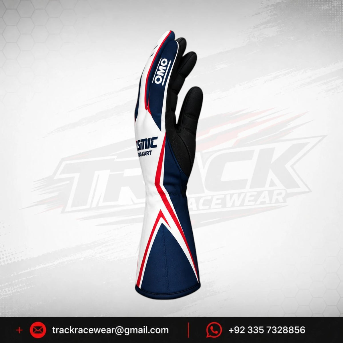 Kosmic OMP Karting Gloves – White & Navy Racing Gloves with Red Accents