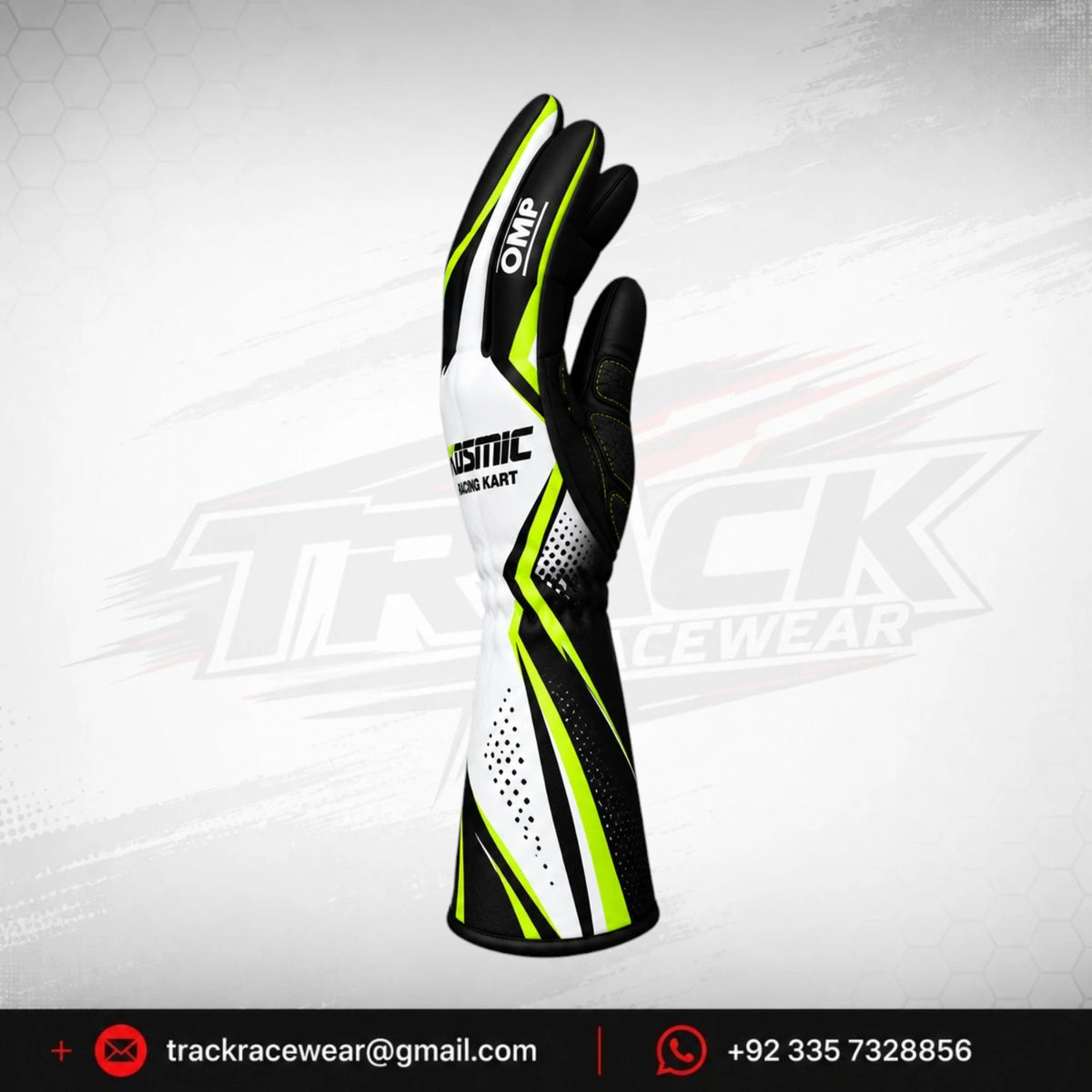 Kosmic Kart Racing Gloves – White, Black & Neon Yellow Motorsport Driving Gloves