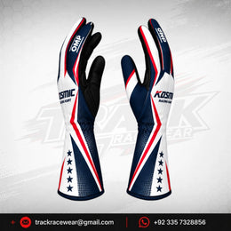 Kosmic Kart Racing Gloves – White, Navy & Red Motorsport Gloves with Reinforced Palm