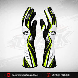 Kosmic Kart Racing Gloves – White, Black & Neon Yellow Motorsport Driving Gloves