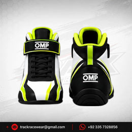 Kosmic Kart Racing Shoes – White, Black & Neon Yellow High-Top Motorsport Footwear