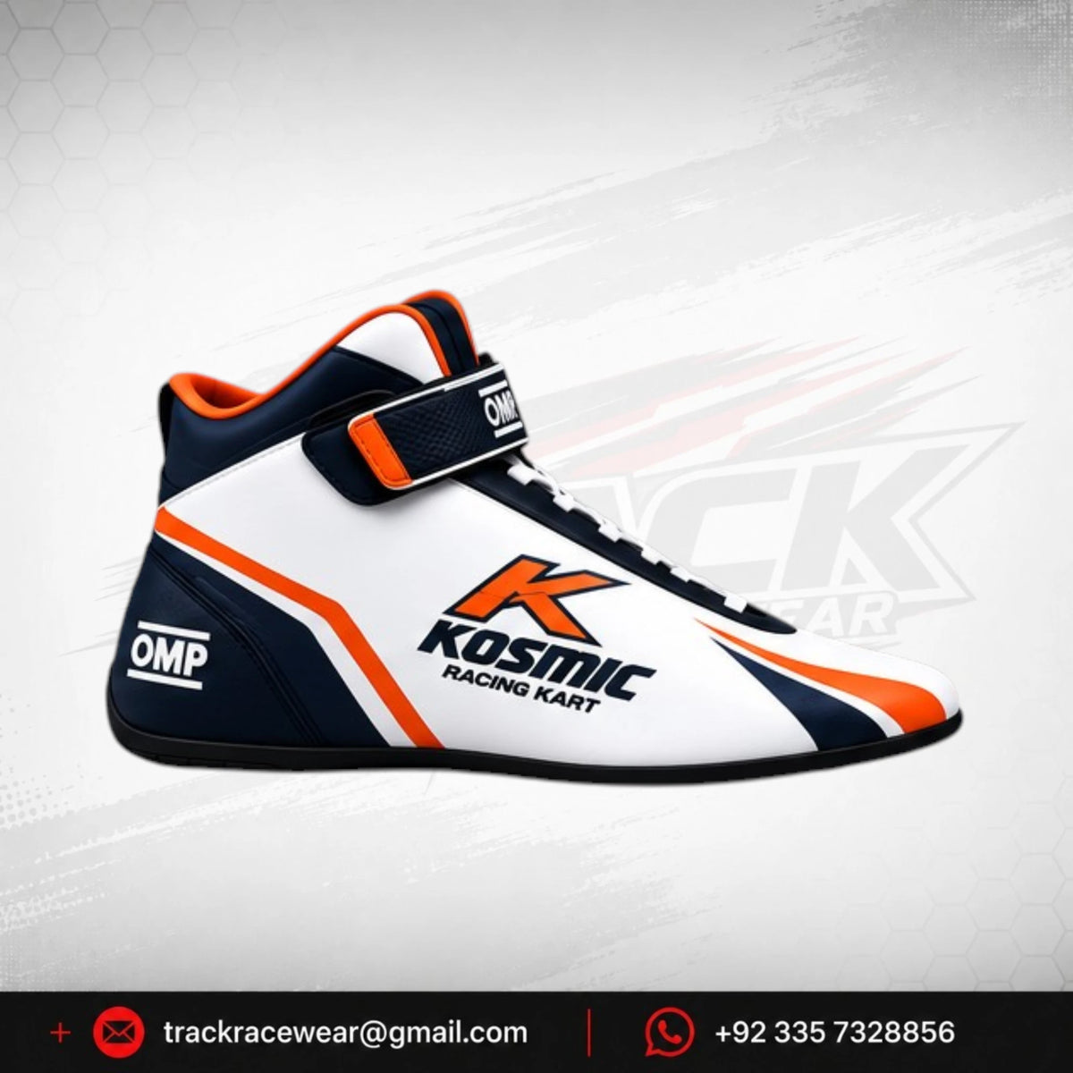 Kosmic Kart Racing Shoes – White, Navy & Orange High-Top Go-Kart Driving Footwear