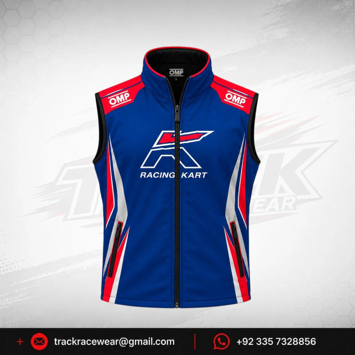 OMP Kosmic Racing Kart Softshell Vest – Blue, Red & White