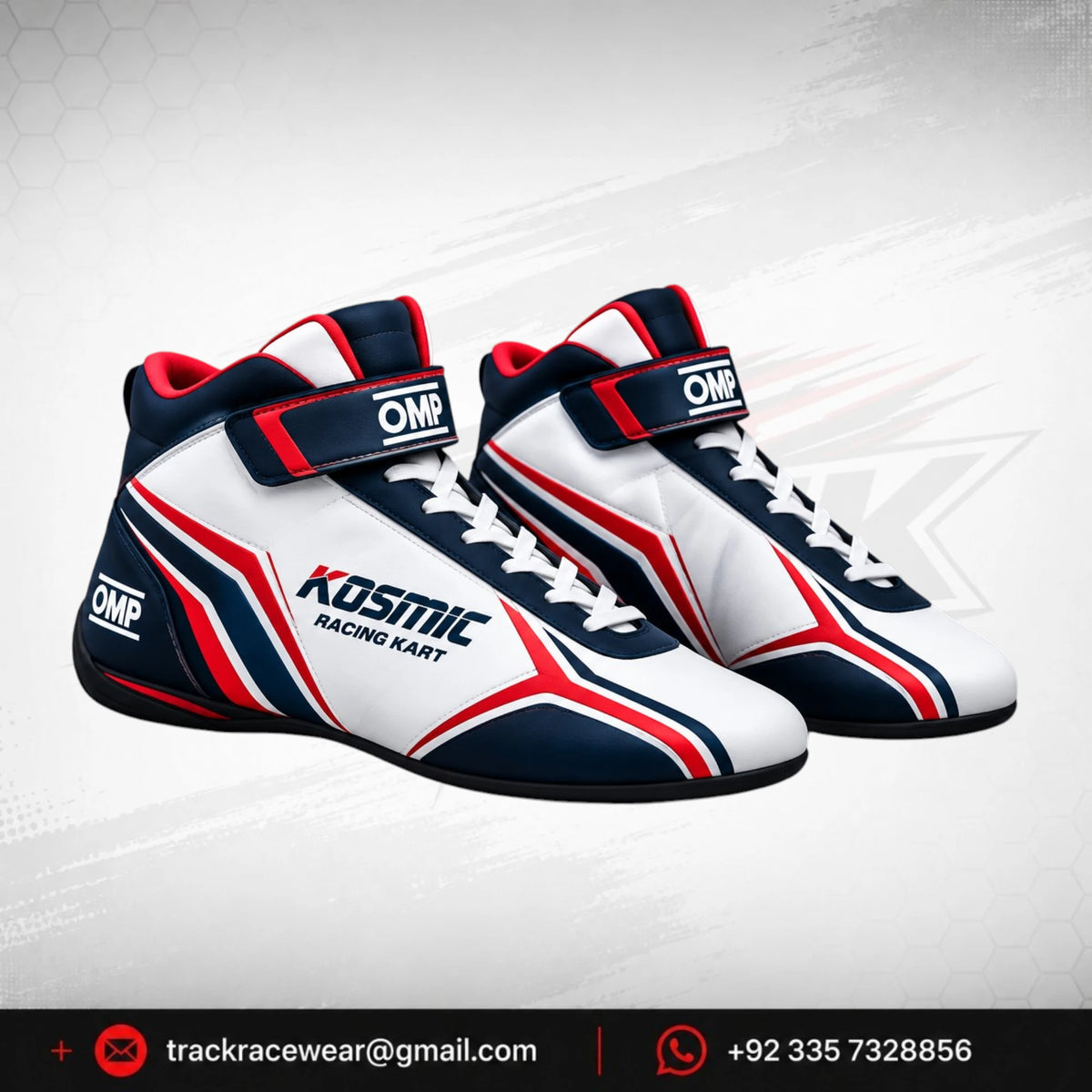 Kosmic Kart Racing Shoes – White, Navy & Red High-Top Motorsport Footwear